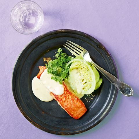 recipe image LAKSEFILET MED WASABI-SAUCE OG SPIDSKÅL