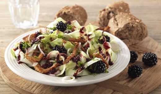 recipe image Salade de chou pointu avec mûres, poulet et vinaigrette aux mûres