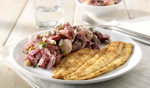 recipe image Filet de plie rôti aux betteraves et pommes de terre grenaille
