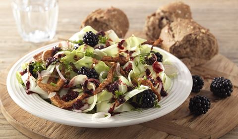 recipe image Spitskoolsalade met bramen, kip en warme dressing van bramen