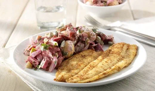 recipe image Gebakken scholfilet met bieten en krielaardappel